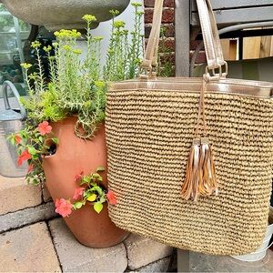 White House Black Market Straw Bag w/ Gold Straps & Tassels